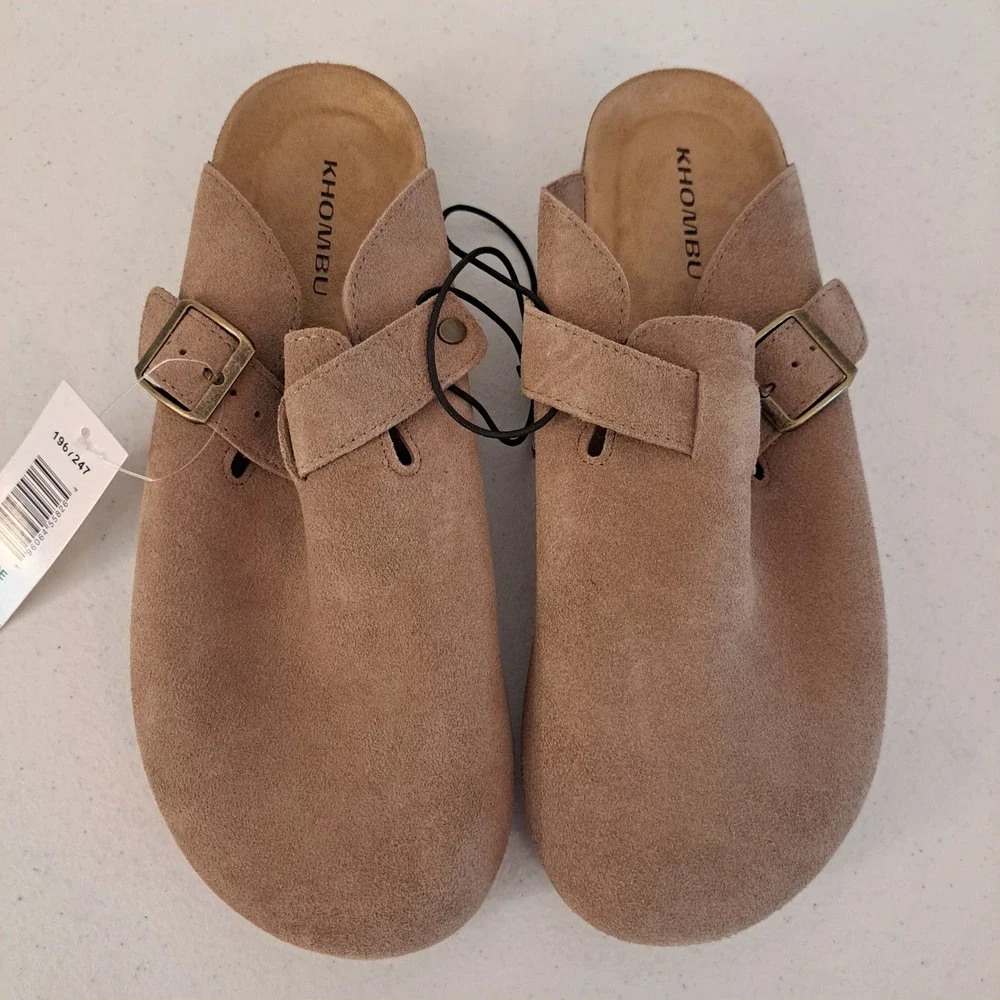 Khombu Suede Clogs Men's 9 Taupe New Buckle Strap Mules 1268-462